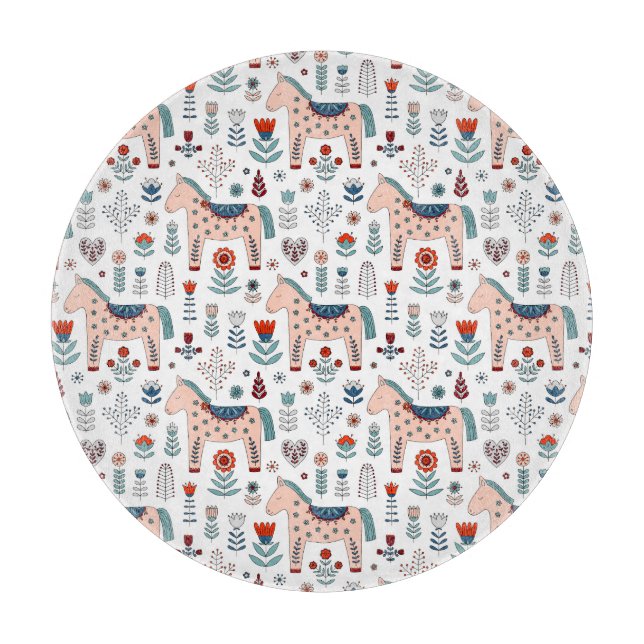 Scandinavian Horse Folk Art Pattern Cutting Board (Front)