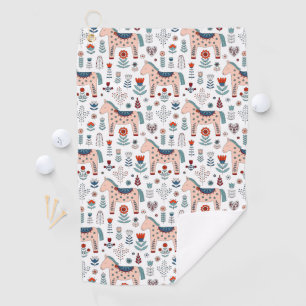 Scandinavian Horse Folk Art Pattern Golf Towel