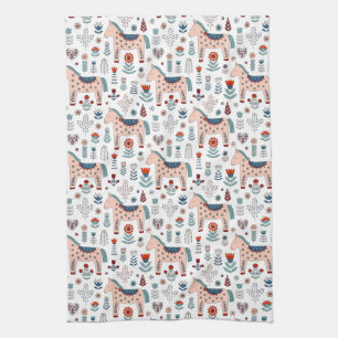 Scandinavian Horse Folk Art Pattern Kitchen Towel