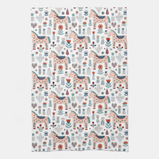 Scandinavian Horse Folk Art Pattern Kitchen Towel