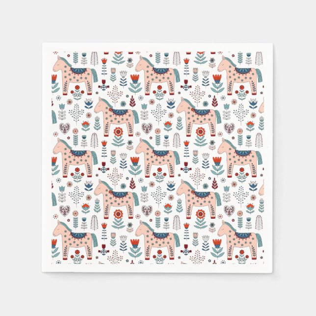 Scandinavian Horse Folk Art Pattern Napkin (Front)