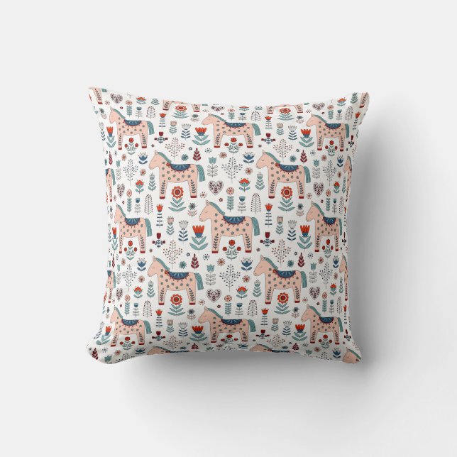 Scandinavian Horse Folk Art Pattern Throw Pillow (Front)