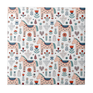 Scandinavian Horse Folk Art Pattern Tile