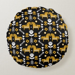 Scandinavian Horse Folk Art Round Pillow