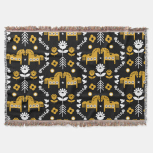 Scandinavian Horse Folk Art Throw Blanket
