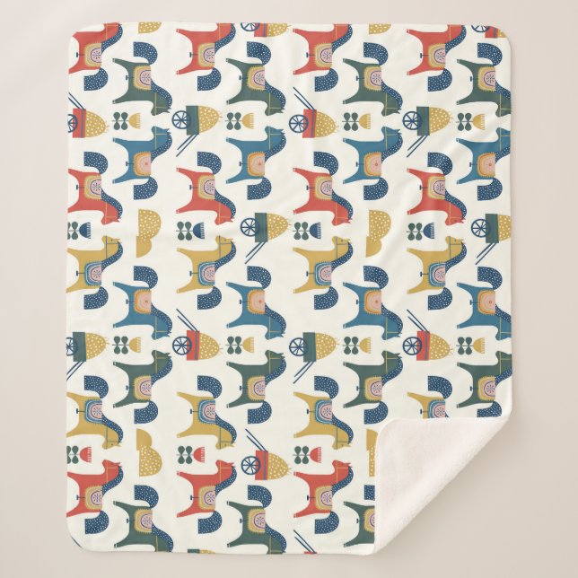 Scandinavian Horses: Colourful Folk Art Sherpa Blanket (Front)