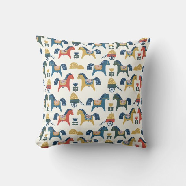 Scandinavian Horses: Colourful Folk Art Throw Pillow (Front)