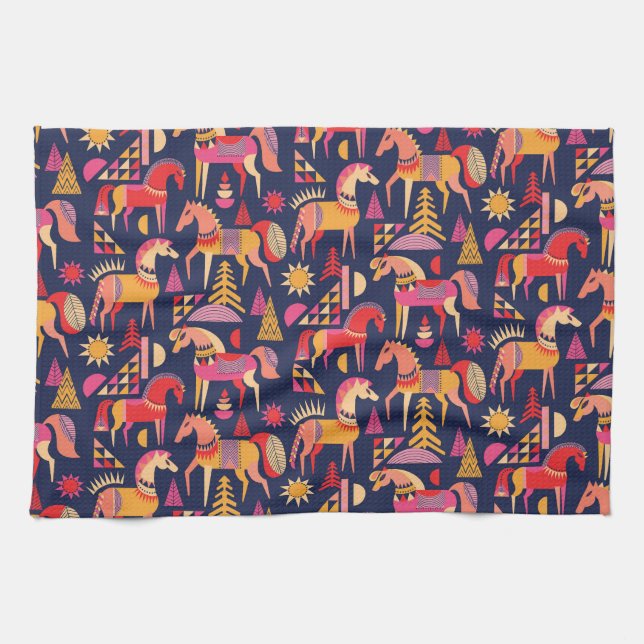 Scandinavian Horses: Decorative Seamless Design Kitchen Towel (Horizontal)