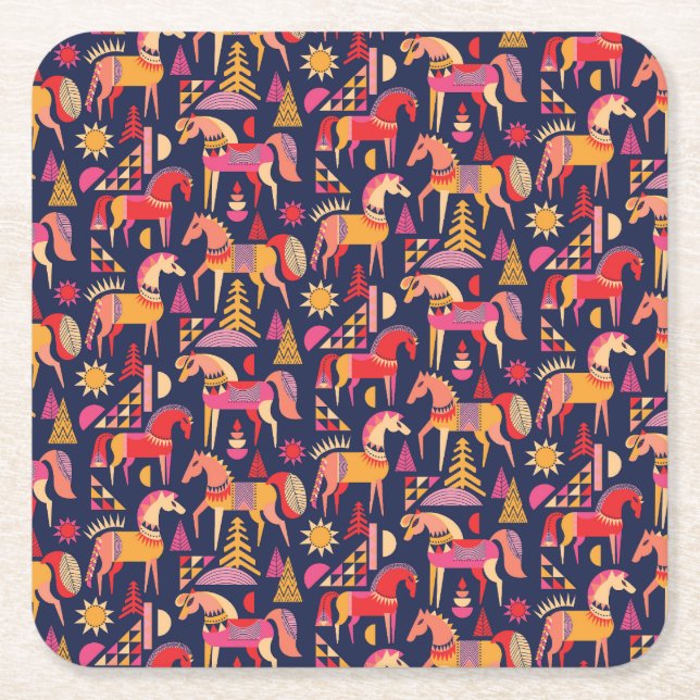 Scandinavian Horses: Decorative Seamless Design Square Paper Coaster (Front)