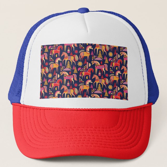 Scandinavian Horses: Decorative Seamless Design Trucker Hat (Front)