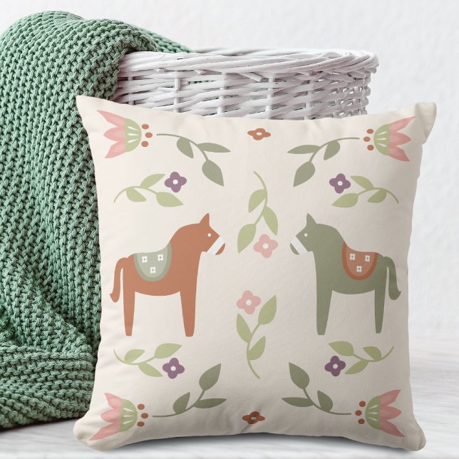 Scandinavian Horses Floral Pattern Throw Pillow (Creator Uploaded)