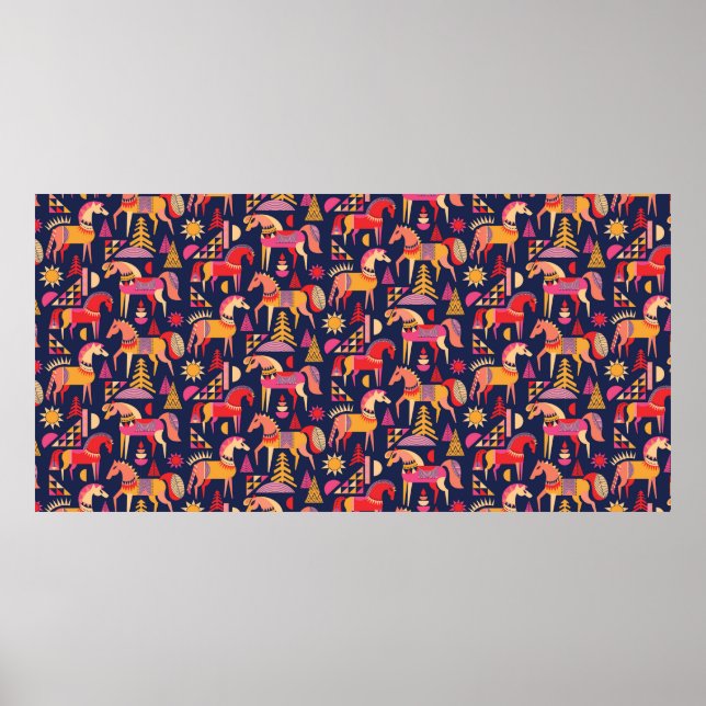 Scandinavian horses pattern seamless design. Decor (Front)