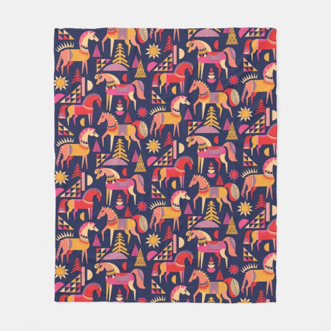 Scandinavian horses pattern seamless design. Decor Fleece Blanket (Front)