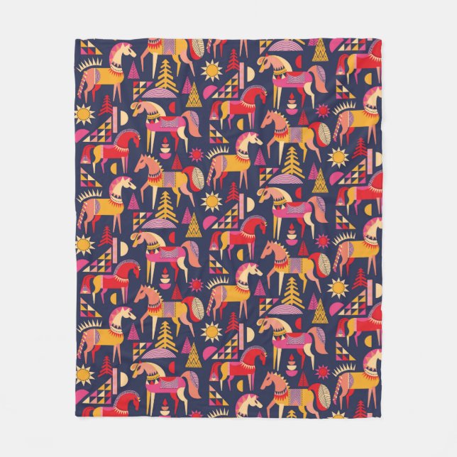 Scandinavian horses pattern seamless design. Decor Fleece Blanket (Front)