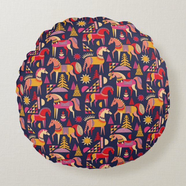 Scandinavian horses pattern seamless design. Decor Round Pillow (Front)