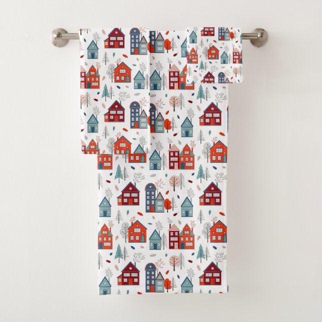 Scandinavian House Folk Art Pattern Bath Towel Set (Insitu)