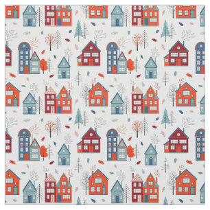 Scandinavian House Folk Art Pattern Fabric