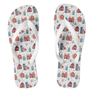 Scandinavian House Folk Art Pattern Flip Flops