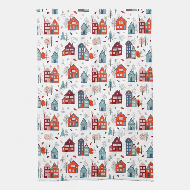 Scandinavian House Folk Art Pattern Kitchen Towel (Vertical)