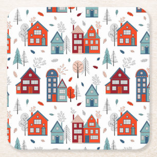 Scandinavian House Folk Art Pattern Square Paper Coaster