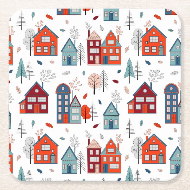 Scandinavian House Folk Art Pattern Square Paper Coaster (Front)