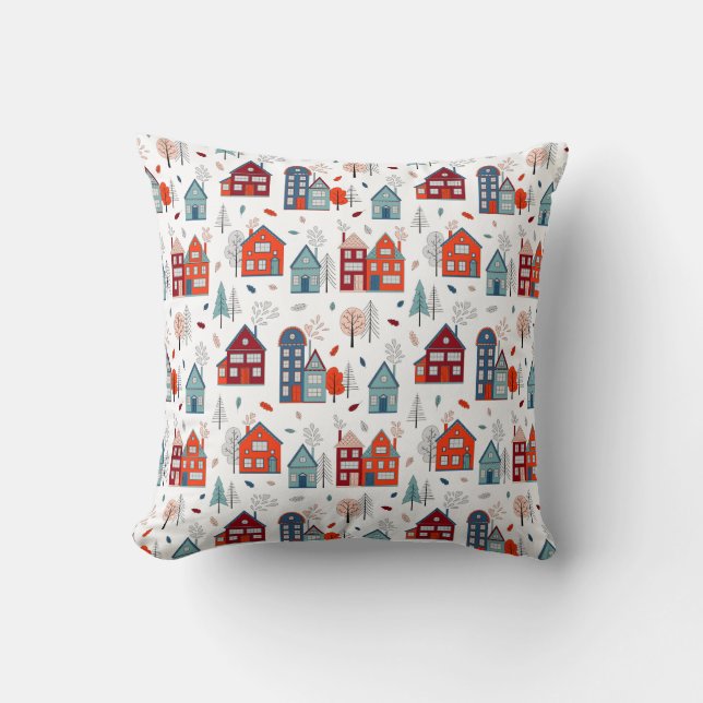 Scandinavian House Folk Art Pattern Throw Pillow (Front)