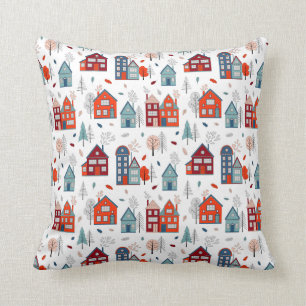 Scandinavian House Folk Art Pattern Throw Pillow