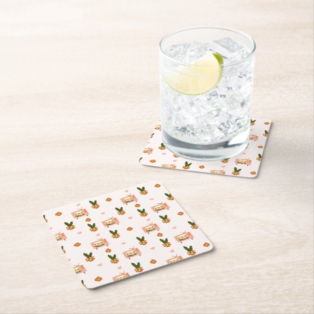 Scandinavian House TV Seamless Pattern Square Paper Coaster (Insitu)