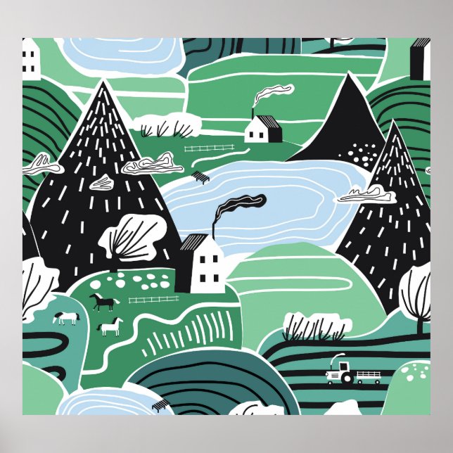 Scandinavian houses, trees, mountains illustration poster (Front)