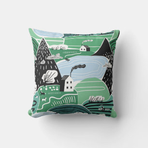 Scandinavian houses, trees, mountains illustration throw pillow