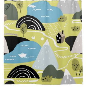 Scandinavian houses, trees, mountains pattern.