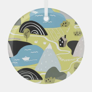 Scandinavian houses, trees, mountains pattern. glass ornament