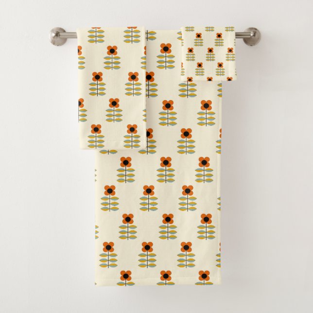 Scandinavian Inspired Orange Floral Pattern Bath Towel Set (Insitu)