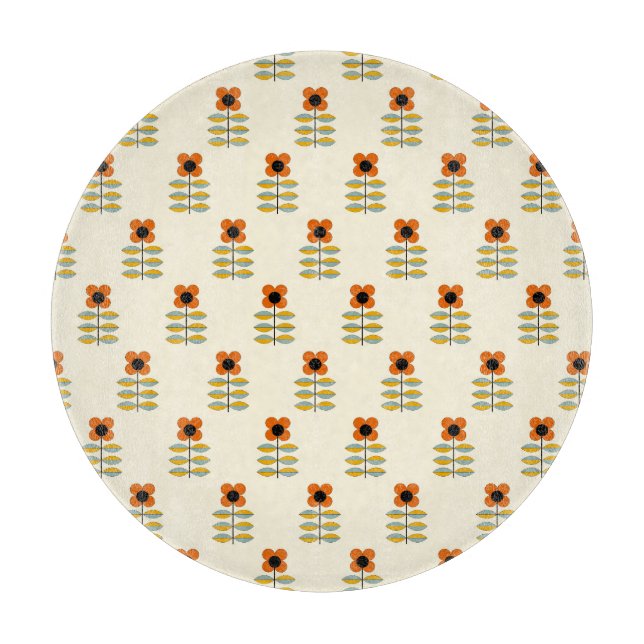 Scandinavian Inspired Orange Floral Pattern Cutting Board (Front)