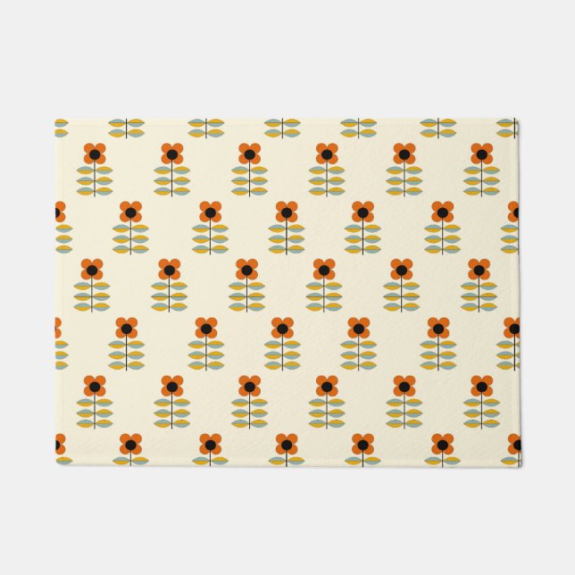Scandinavian Inspired Orange Floral Pattern Doormat (Front)