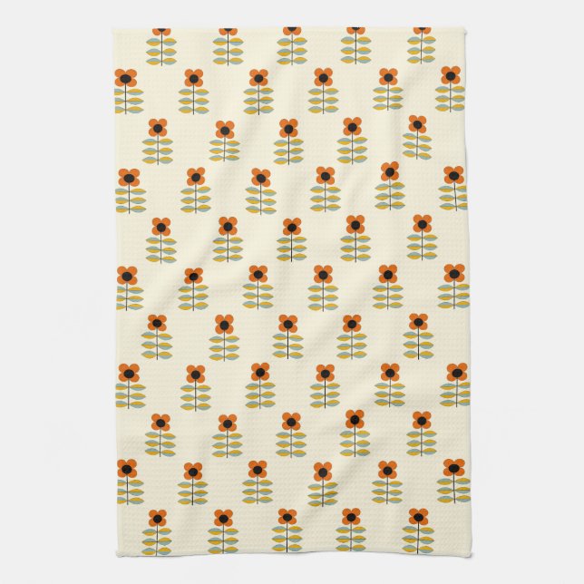 Scandinavian Inspired Orange Floral Pattern Kitchen Towel (Vertical)