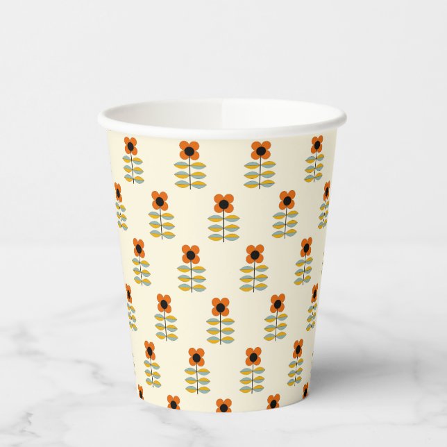 Scandinavian Inspired Orange Floral Pattern Paper Cups (Left)