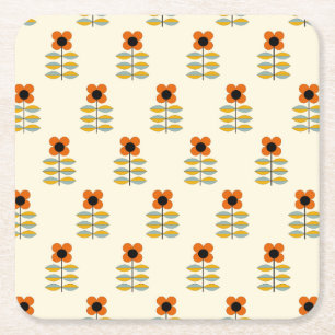 Scandinavian Inspired Orange Floral Pattern Square Paper Coaster