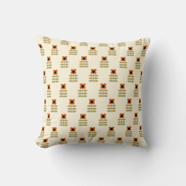 Scandinavian Inspired Orange Floral Pattern Throw Pillow (Front)
