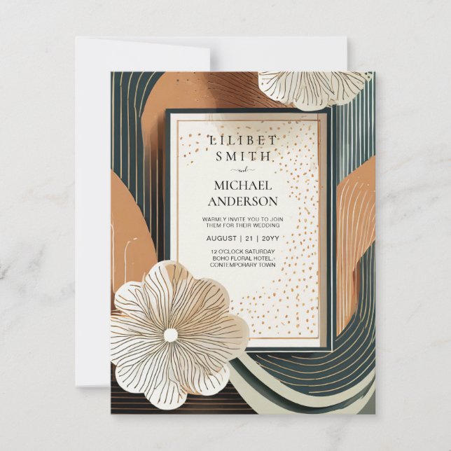 Scandinavian Japandi Wedding Abstract Teal Brown Invitation (Front)