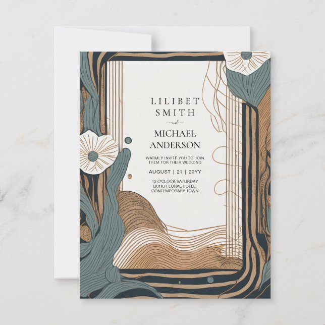 Scandinavian Japandi Wedding Abstract Teal Brown Invitation (Front)