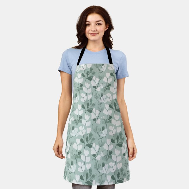 Scandinavian Light Green Leaf Sage Floral Pattern Apron (Worn)