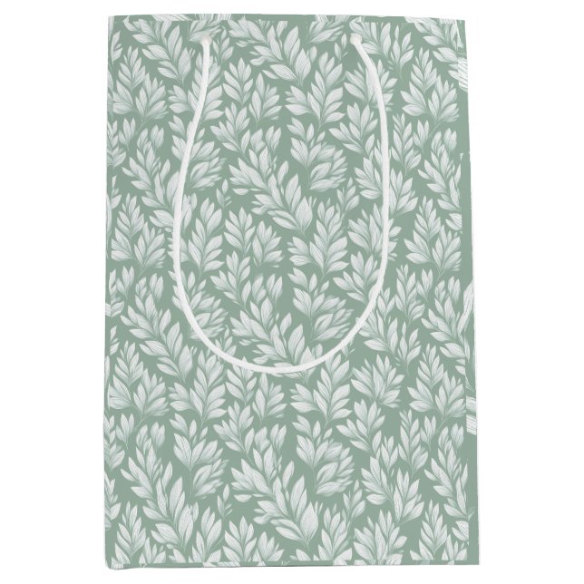 Scandinavian Light Green Leaf Sage Floral Pattern Medium Gift Bag (Front)
