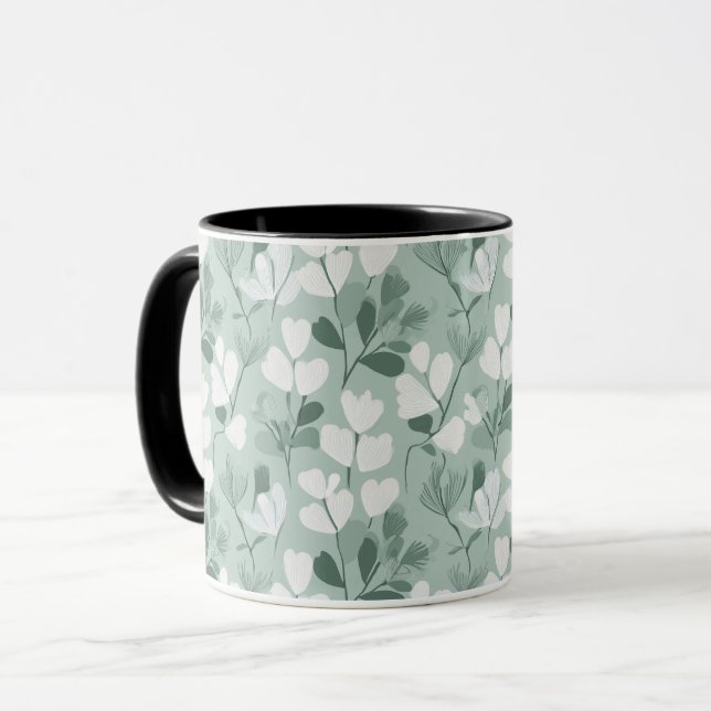 Scandinavian Light Green Leaf Sage Floral Pattern Mug (Front Left)