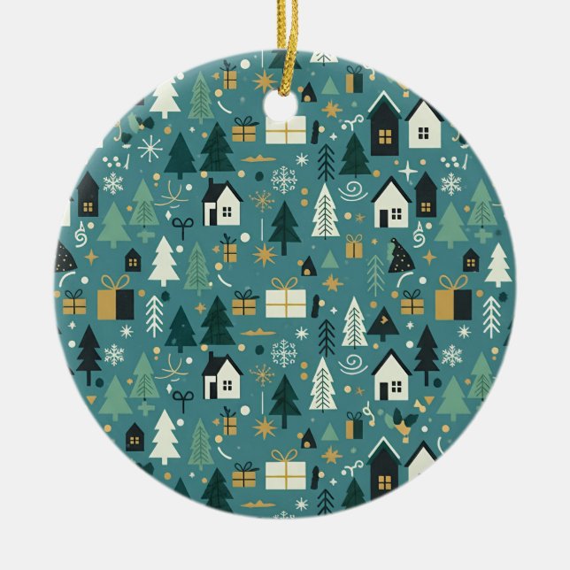 Scandinavian Merry Christmas Tree Winter Snow Ceramic Ornament (Front)