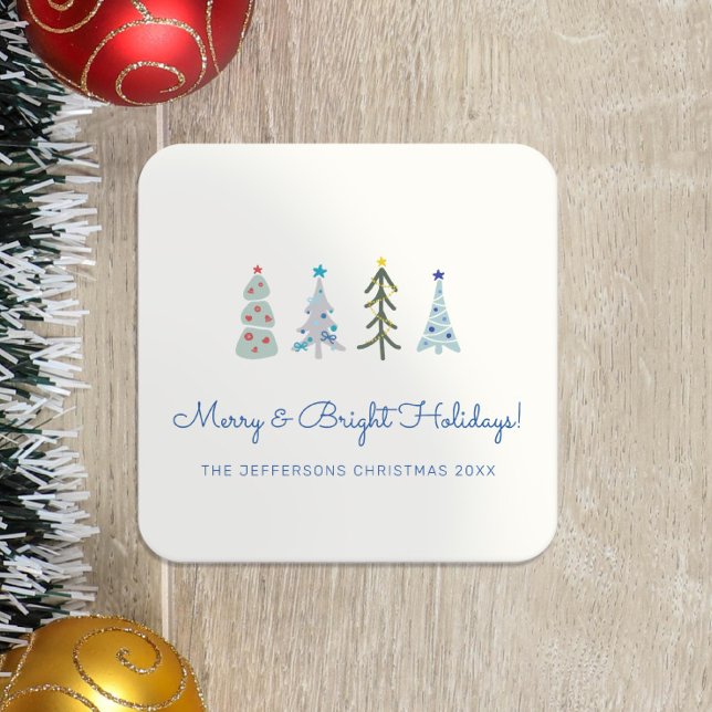 Scandinavian Minimalist Christmas trees Square Paper Coaster (Christmas party custom coaster with Scandinavian hand-drawn trees and your text.)