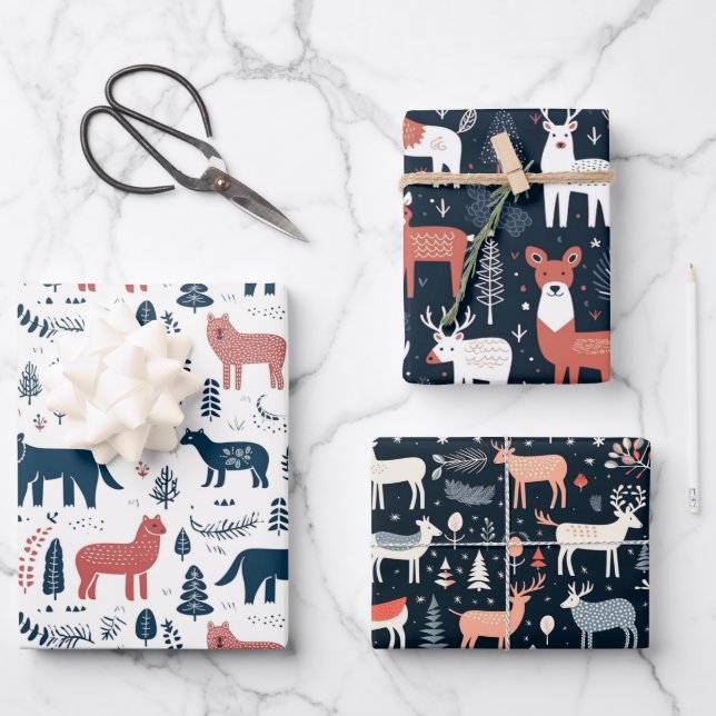 Scandinavian Nordic Christmas animals  Wrapping Paper Sheet (Front)