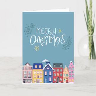 Scandinavian Nordic Houses Blue Christmas Card