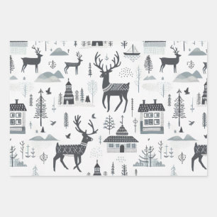 Scandinavian ornament deer white black simple  wrapping paper sheet