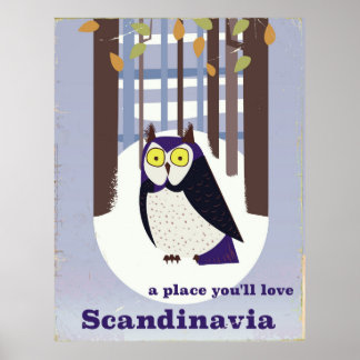 Scandinavian Owl in the forest Vintage poster